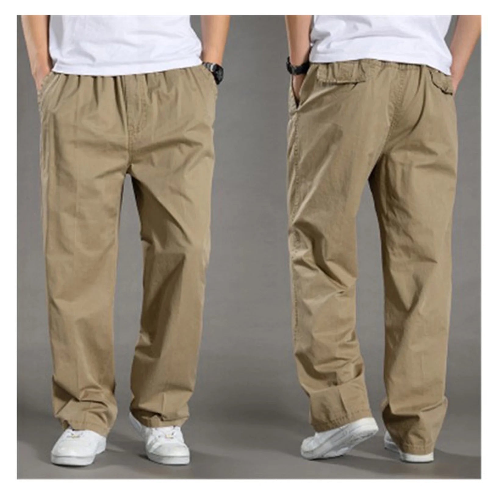 Casual plus Size Trousers for Men Loose Fitted Elastic Waisted Cotton Pants with Pockets Sports Work Joggers Straight Leg Pant, M-6XL