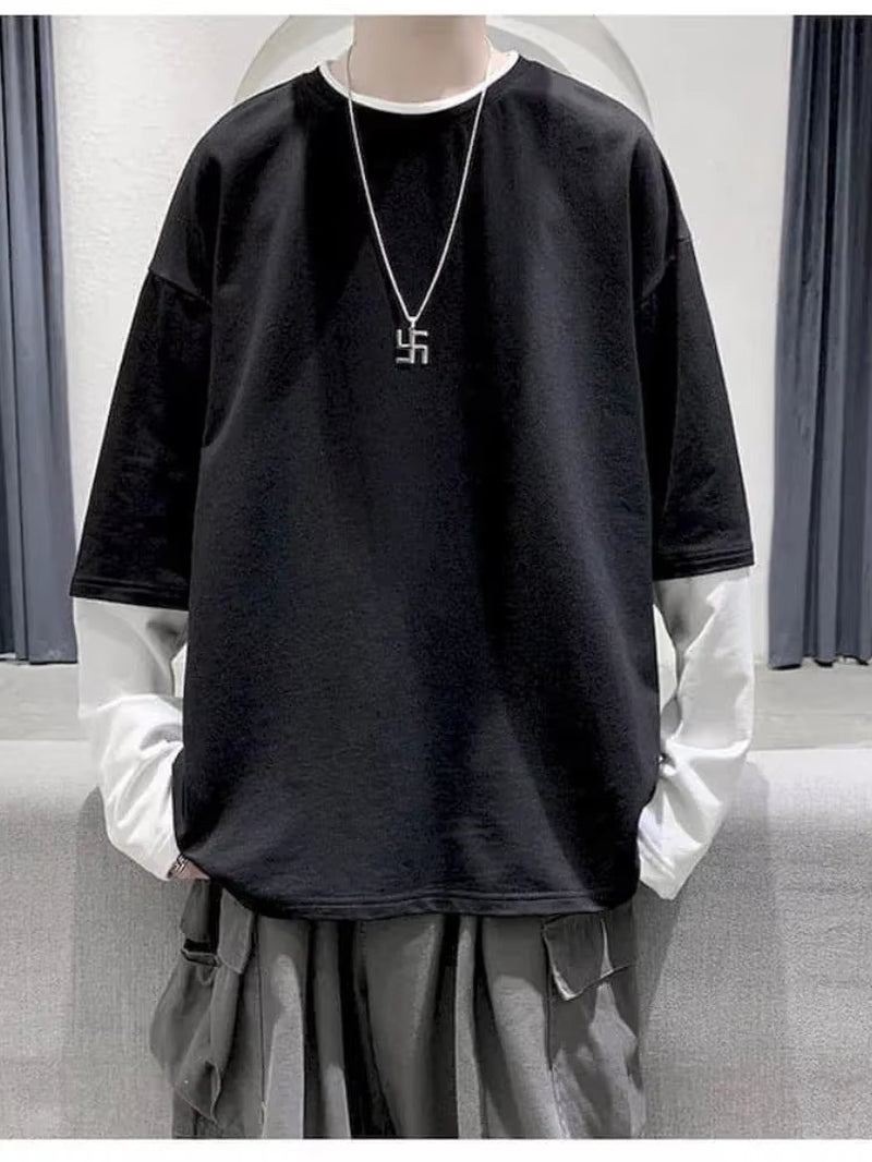 Long Sleeve Fake Two-Piece T Shirt Striped Big Shirts Men Clothing Men Fashion 2025 New Oversized Tees Clothes Tshirt Harajuku